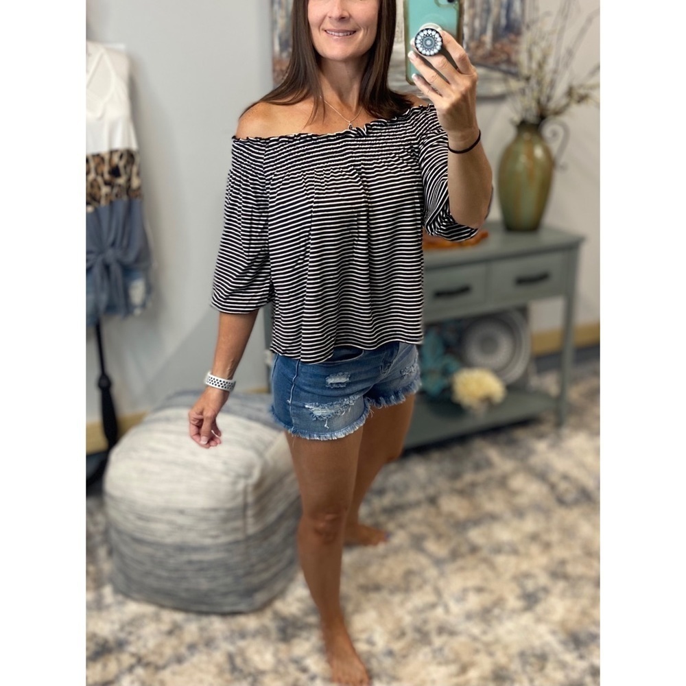 Off Shoulder Striped Slot Smocked 3/4 Sleeve Black White 3321